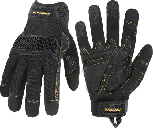 Miniatura 11 de HANDLANDY Mens Work Gloves Touch screen, Utility Mechanic Gloves, Flexible Breathable Fit- Padded Knuckles & Palm Negro rojo