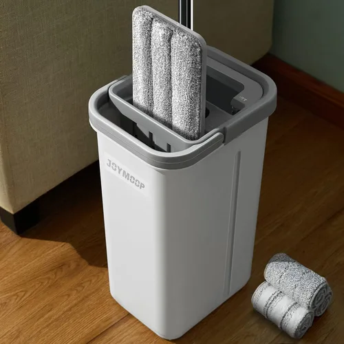 JOYMOOP - Juego de trapeador y cubeta con escurridor, trapeador plano de piso sin manos y cubeta, con 3 almohadillas de microfibra lavables, uso