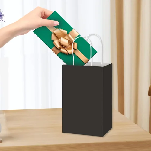 Miniatura 6 de Toovip Paquete de 100 Bolsas Pequeñas de Papel Kraft Negro de 5.25x3.25x8.25 Pulgadas con Asas a Granel, Bolsas de Papel de Regalo para Favores