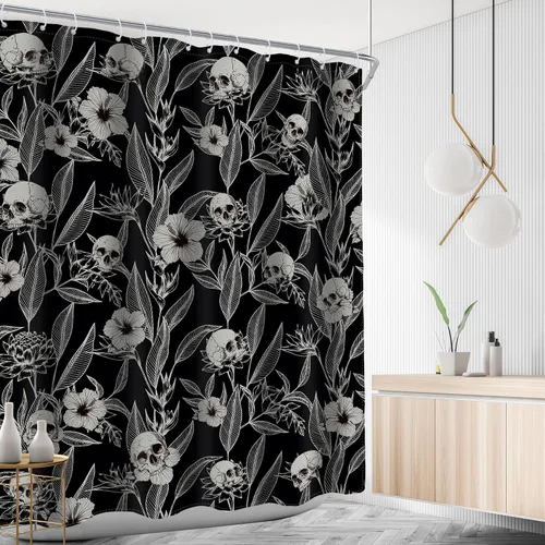 Miniatura 3 de AMBZEK Cortina de ducha con diseño floral de calavera gótica, 60 pulgadas de ancho x 72 pulgadas de largo, para hombre, esqueleto gótico