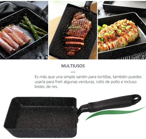 Miniatura 4 de MyLifeUNIT Tamagoyaki - Sartén para tortilla japonesa antiadherente con espátula de silicona, bandeja cuadrada para huevos, 7 x 5 pulgadas