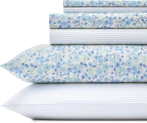 Laura Ashley - Sábanas tamaño Queen, juego de ropa de cama de percal de algodón de 6 piezas, decoración fresca y crujiente para el hogar (Jaynie