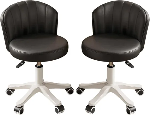 Silla de escritorio redonda pequeña rodante sin brazos, silla de computadora cómoda con respaldo bajo de cuero PU, silla de trabajo ajustable en