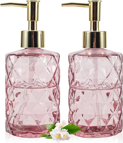 Dispensador de jabón con bomba, dispensador de jabón con patrón de diamante para encimera de cocina, baño, accesorios de baño rosa intenso Rosa