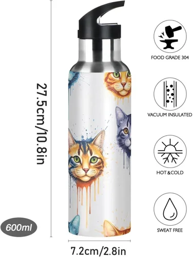 Miniatura 9 de Insulated Water Bottle 20 Oz, Leakproof Water Bottles for Gym Outdoor Travel School, Colorful Cats Tie Dye
