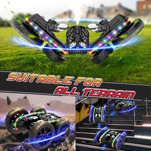 Miniatura 4 de Jimdella - Autos RC, juguetes de autos RC, transformador de control remoto 2-en-1 4WD con spray y luces LED, camión de acrobacias todoterreno