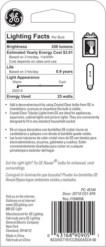 Miniatura 3 de GE Bombilla incandescente para electrodomésticos, bombilla tubular T10, 25 vatios, 250 lúmenes, base media, blanco cálido, 1 unidad, bombilla
