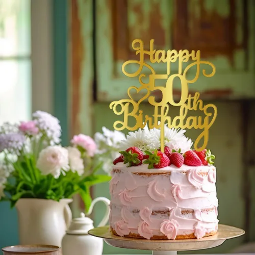 Miniatura 2 de Decoración de pastel de feliz cumpleaños 50, decoración acrílica dorada de doble cara, para decoración de pasteles de feliz cumpleaños 50