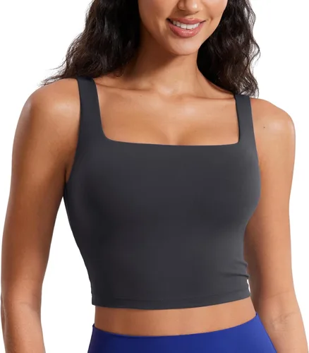 Miniatura 34 de CRZ YOGA Butterluxe Brasier deportivo de cuello cuadrado para mujer, estilo camiseta corta sin mangas, acolchado con soporte integrado para yoga