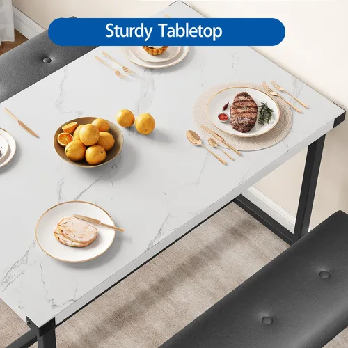 Miniatura 5 de GarveeHome Juego de mesa de comedor para 4, mesa de cocina con 2 bancos tapizados, juego de comedor de cocina de madera, para espacios pequeños