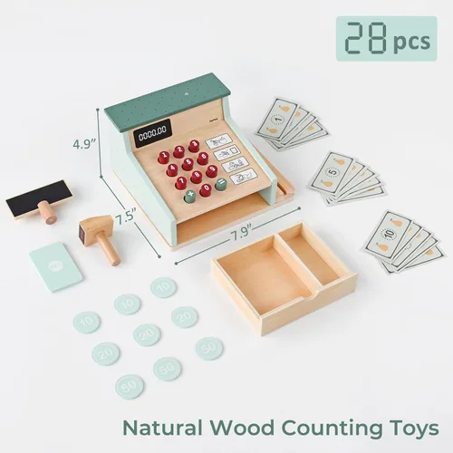 Miniatura 4 de PairPear Caja Registradora de Juguete de Madera, Juguetes de Juego de Simulación para Contar Dinero para Niños con Escáner y Tarjeta de Crédito