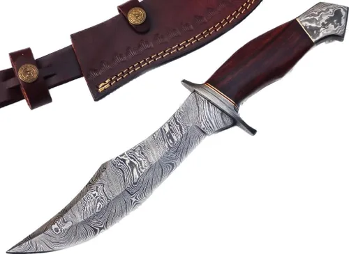 REG-274, Acero de Damasco hecho a mano 13,00 pulgadas, Cuchillo de caza de palo de rosa con mango con guardias de acero damasco