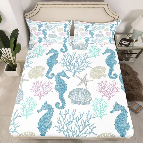 Miniatura 35 de Erosebridal Juego de sábanas bajeras de pulpo oceánico, tamaño individual, juego de ropa de cama temática de playa costera, decoración náutica
