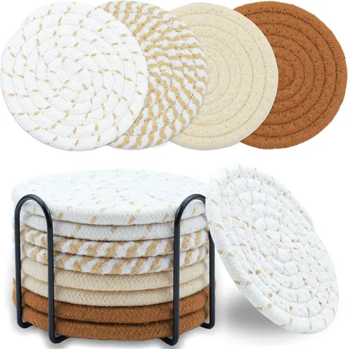 8 posavasos con soporte, juego de posavasos de algodón minimalista, 4 colores absorbentes, protección para varias tazas, ideal para mesas de café y