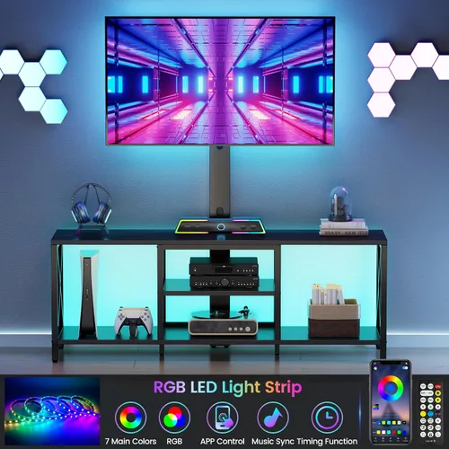 Miniatura 2 de Flycity Soporte de TV con soporte y luces LED, soporte universal para TV de 32 a 75 pulgadas, centro de entretenimiento con almacenamiento, mesa