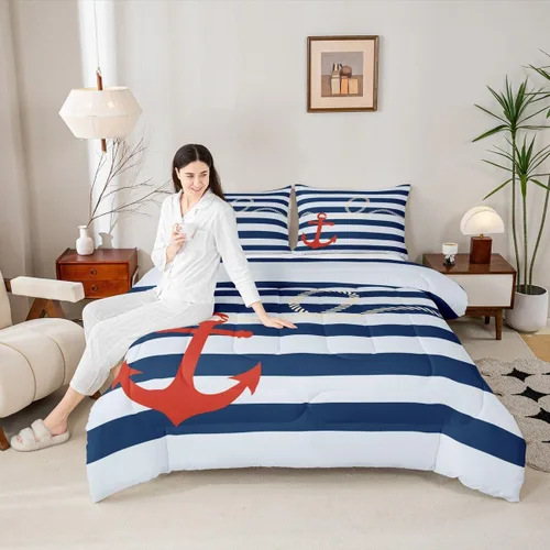 Miniatura 4 de Manfei Juego de edredón con ancla náutica para niños tamaño Twin, juego de ropa de cama con cuerda de cáñamo de rayas azules y blancas para niños