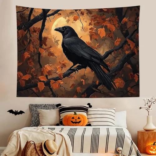 Miniatura 27 de HVEST Tapiz de noche de Halloween, tapiz para colgar en la pared, bosque embrujado con tumba y calabazas, manta de pared para dormitorio, sala