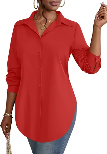 Miniatura 11 de Rooscier Blusa larga con cuello en V para mujer, manga larga, abertura lateral, con botones