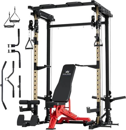 Miniatura 10 de MAJOR FITNESS Drone3 Power Rack, banco de sentadillas para gimnasio en casa de 2500lbs multifunción con sistema de polea doble, barra de tracción