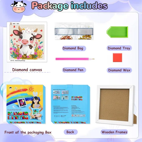 Miniatura 5 de QUITEDEW Kit de pintura de diamante de vaca con marco de madera, arte de diamantes de animales para principiantes, paquete pequeño y hermoso