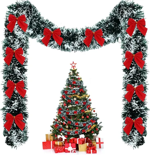 Riceshoot Guirnalda de oropel de Navidad de 131.23 pies con lazo rojo metálico brillante colgante guirnalda para fiesta de Navidad, árbol, escalera,