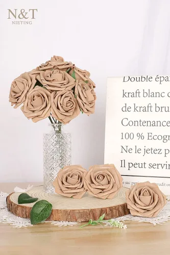 Miniatura 529 de N&T NIETING Flores artificiales, rosas artificiales de color rosa intenso, 50 piezas de flores falsas con tallo para ramos de boda DIY, centros