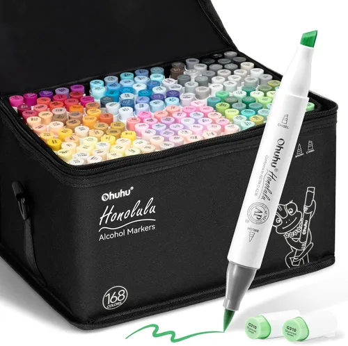Ohuhu Marcadores de alcohol, punta de pincel, juego de marcadores artísticos de 168 colores, marcadores a base de alcohol de doble punta para