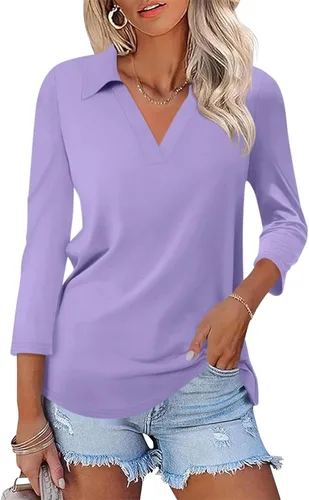 Miniatura 33 de TICTICMISS - Camisas polo de cuello en V para mujer, manga 3/4, con cuello, tops casuales de negocios, tops de verano a la moda, holgados