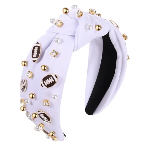Miniatura 18 de Diadema de fútbol para mamá, accesorios de perlas con diamantes de imitación anudados, banda ancha para el pelo negra, diadema de nudo superior