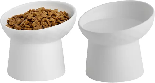 Tazones elevados de cerámica para gatos, juego de cuencos elevados inclinados para comida y agua, plato de porcelana libre de estrés para gatos y