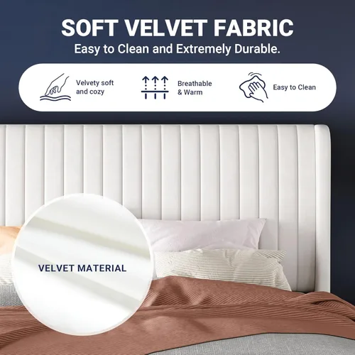 Miniatura 6 de Allewie Marco de cama de terciopelo de tamaño matrimonial, cabecera capitoné vertical con respaldo de ala, plataforma tapizada, listones de madera