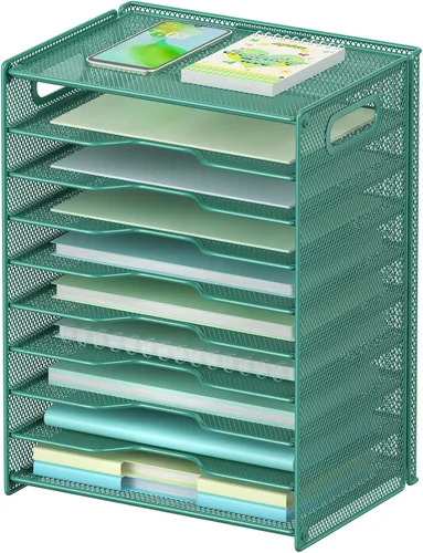 Miniatura 11 de OUTWOLF Organizador de papel de 10 niveles, bandeja de cartas, organizador de archivos de escritorio de malla con asas para escritorio de oficina