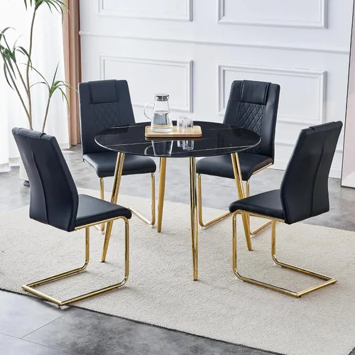 Juego de mesa de comedor de mármol negro moderno de 40 pulgadas para 4 mesas de cocina redondas y sillas con patas doradas de mármol para 4 mesas de