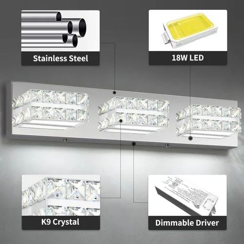 Miniatura 3 de OKELI Lámpara de tocador de cristal para baño, moderna lámpara LED de tocador para baño, lámpara frontal de espejo de cristal de 3 luces, 6000 K