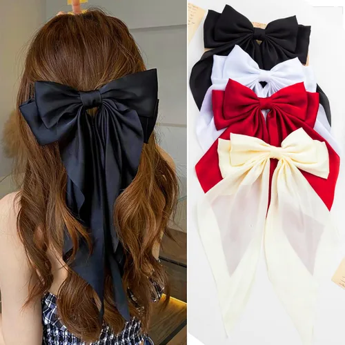 Miniatura 8 de Lazos para el pelo, 4 unidades, lazos para el pelo para mujer, cintas para el pelo, de cola larga de gran tamaño, lindos accesorios estéticos