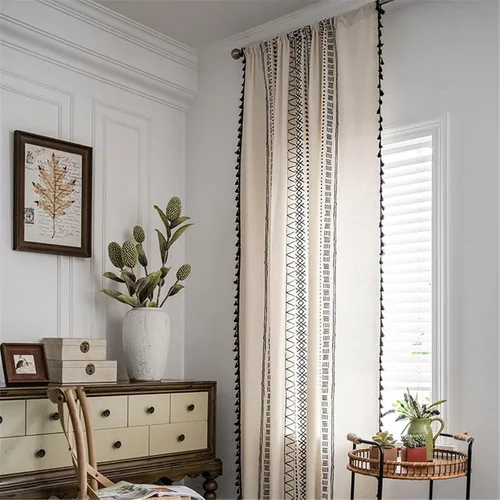 Miniatura 102 de Deeprove Cortinas bohemias para dormitorio, rayas huecas de ganchillo crema y estampado floral, tela de lino de algodón, con borlas beige bohemias