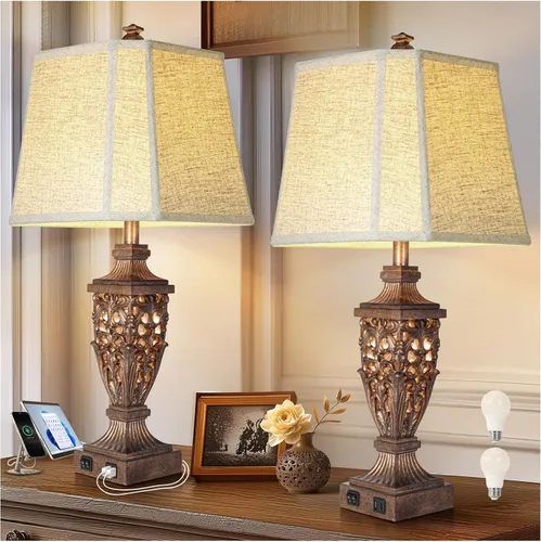 Miniatura 7 de Juego de 2 lámparas de mesa rústicas de 27" con luz nocturna para dormitorio, sala de estar, carga USB, lámpara de mesita de noche de granja