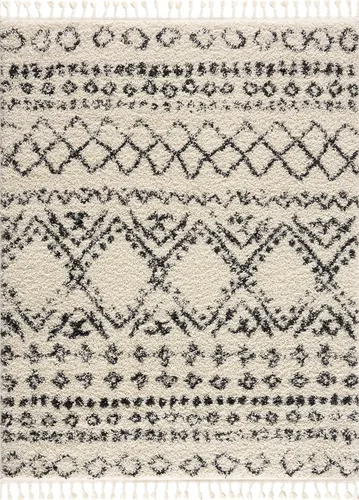 Miniatura 2 de Hauteloom, Duncans - Alfombra de estilo granja de pelo mullido para sala y dormitorio, con borlas - Beige, carbón, gris - 2 pies 7 pulgadas x 7 pies
