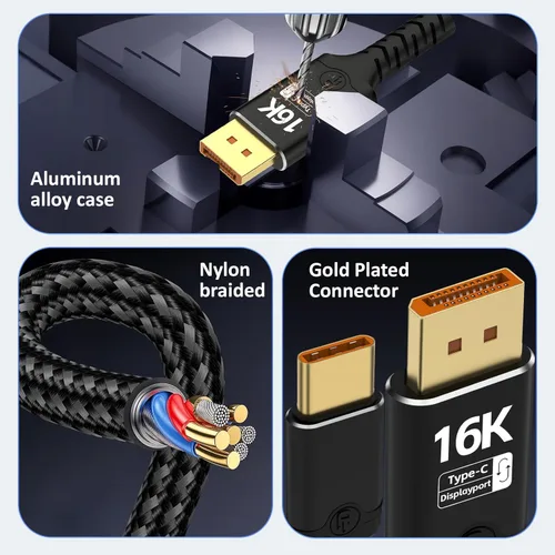 Miniatura 8 de Displayport a USB C bidireccional USB C a DisplayPort 2.1 Cable compatible con resolución 16K @60Hz 8K @120Hz Thunderbolt 5 trenzado compatible