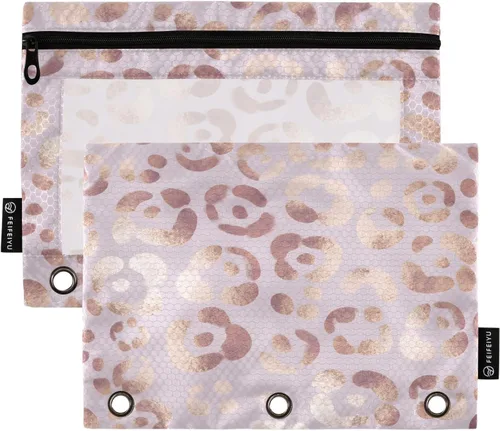 Estuche para lápices con estampado de leopardo, guepardo, oro rosa, para carpeta de 3 anillas, 2 bolsas para lápices con cremallera, estuche