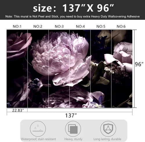 Miniatura 4 de Papel tapiz de flores botánicas de peonía negra y púrpura para sala de estar, dormitorio, baño, flores oscuras, mural grande de pared - 137"x96