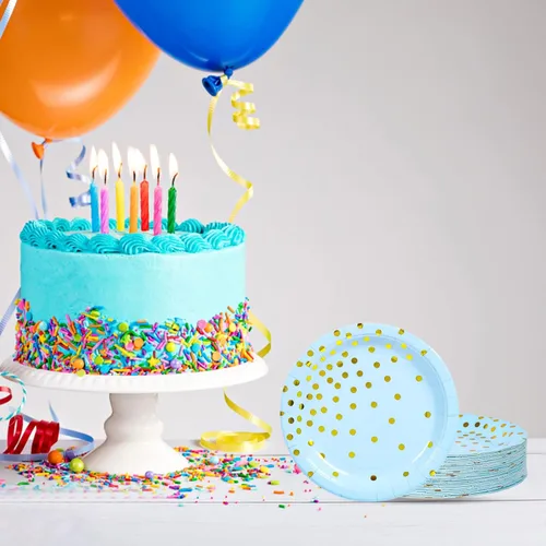 Miniatura 7 de Platos de papel de oro azul, 100 unidades, platos de postre de puntos rosados y dorados, suministros de fiesta redondos desechables ideales