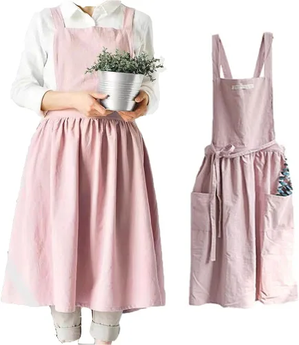 Miniatura 5 de Delantal de cocina de algodón y lino para mujer con bolsillos, lindo para hornear, pintar, jardinería y limpieza