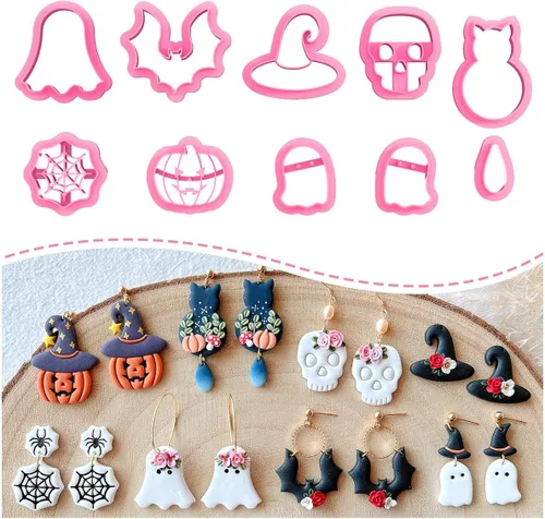 KEOKER Cortadores de arcilla de Halloween, cortadores de arcilla para hacer aretes de Halloween, 10 formas de cortadores de aretes de arcilla de