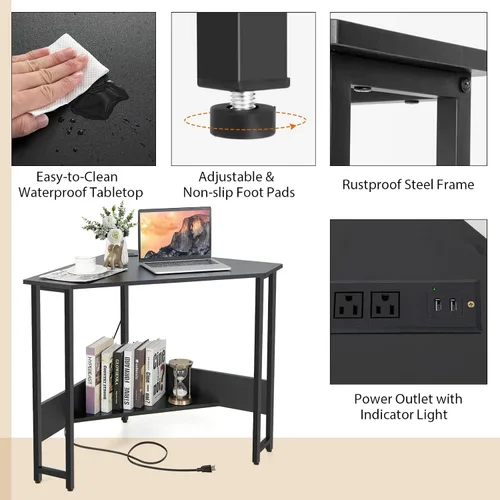 Miniatura 7 de Tangkula Escritorio esquinero con toma de corriente y puertos USB, escritorio triangular para computadora con estación de carga, estante de Negro
