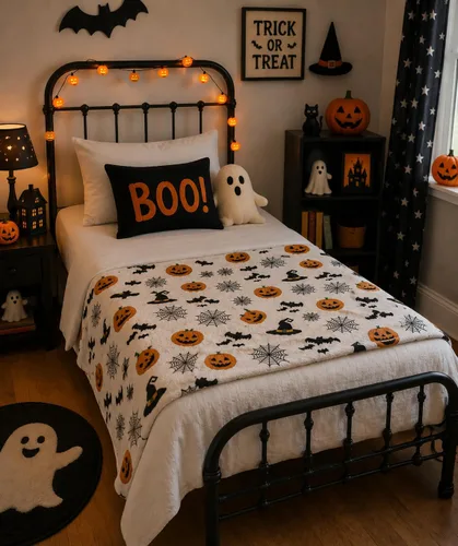 Miniatura 2 de Manta de forro polar de Halloween: telaraña, sombrero de bruja, murciélagos negros, calabazas naranjas, franela suave y cálida para cama, sofá