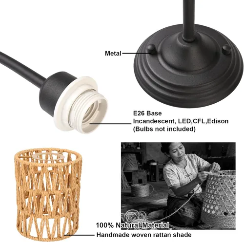 Miniatura 6 de Yosoan Juego de 2 lámparas de pared de ratán estilo bohemio envueltas, lámparas de estilo granja vintage con cableado fijo dorado, trenzado de latón