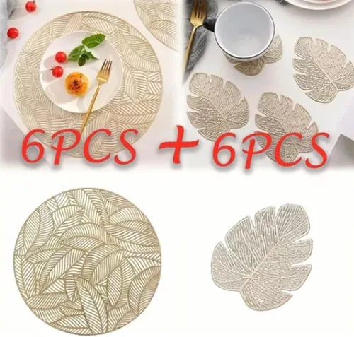 Miniatura 5 de Juego de 6 manteles individuales, manteles individuales redondos para mesa de comedor y posavasos en forma de hoja, manteles de vinilo prensado