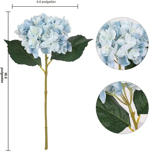 Miniatura 6 de Kisflower Flores artificiales de hortensias azules, 6 unidades, flores falsas para centro de mesa, flores de hortensias de seda azul con tallos