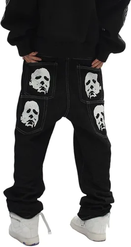 Hip Hop - Pantalones de mezclilla góticos para hombre, con estampado gráfico, holgados, estilo punk, rock, Harajuku, pantalones de mezclilla sueltos